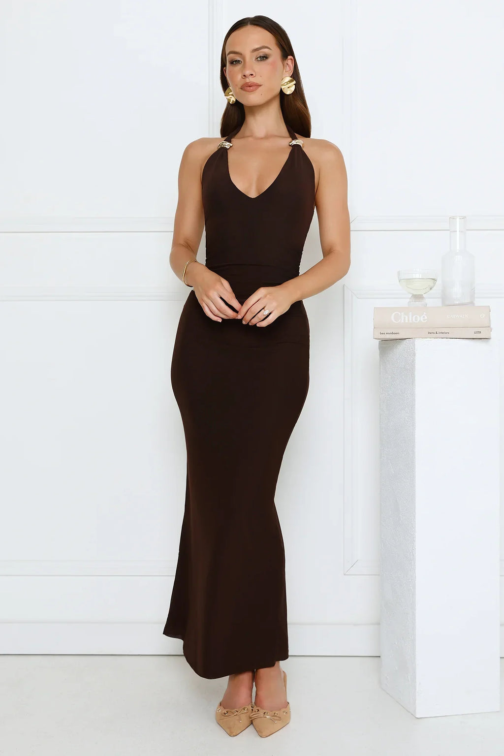 Midnight Élan Halter Maxi Dress Brown