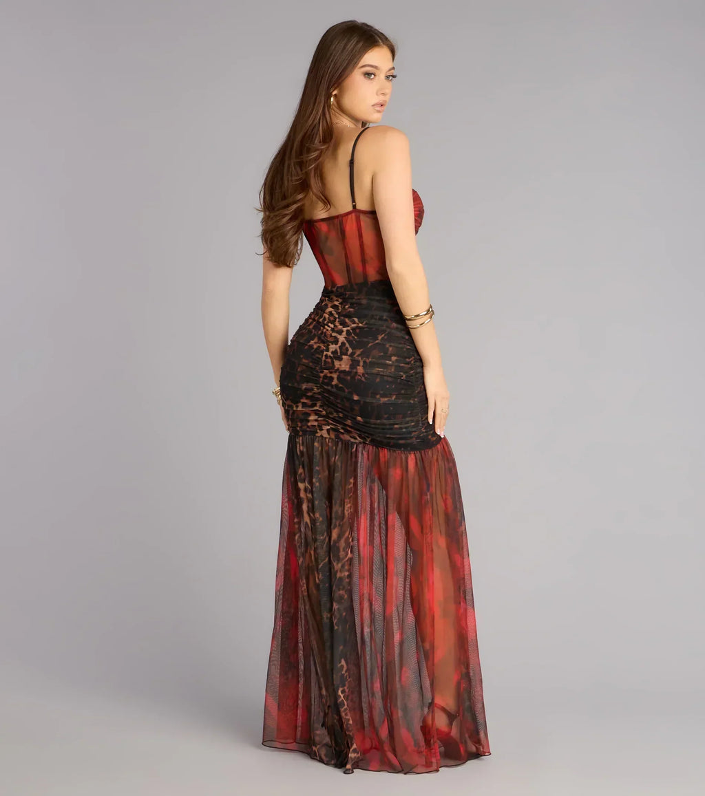 Cynthia Leopard Bustier A-Line Formal Dress
