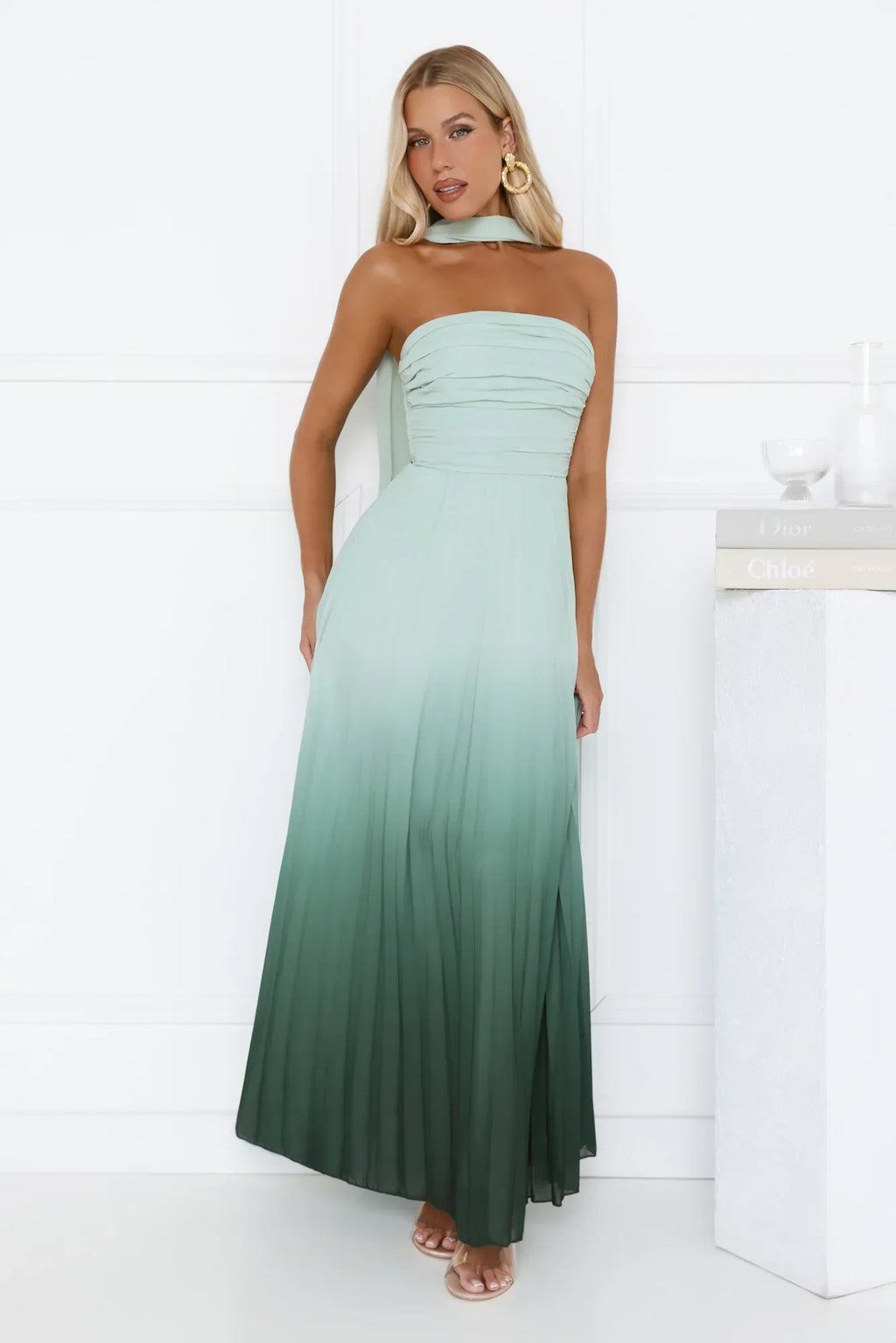 Goddess Ombre Pleated Maxi Dress Green
