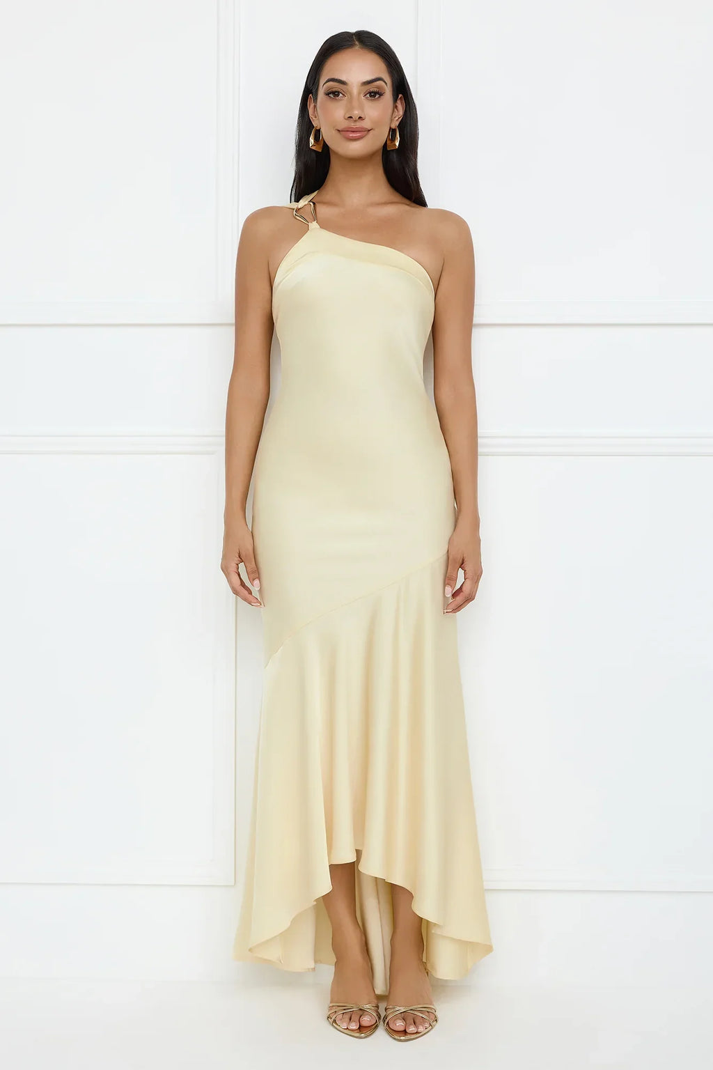 Masquerade Energy One Shoulder Satin Maxi Dress Yellow