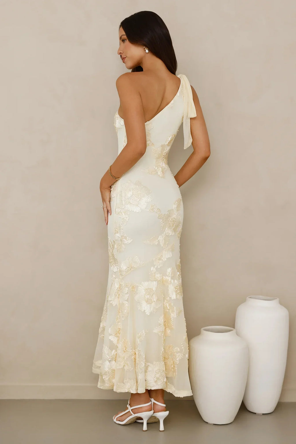 Glossy Girl One Shoulder Mesh Maxi Dress Yellow