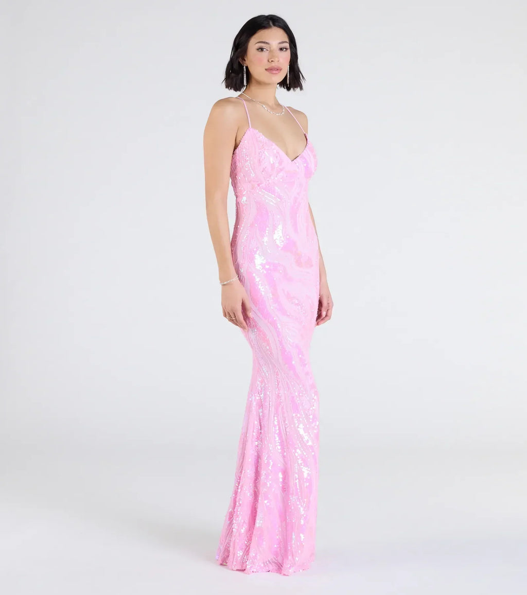 Acacia Iridescent Sequin Lace-Up Formal Dress