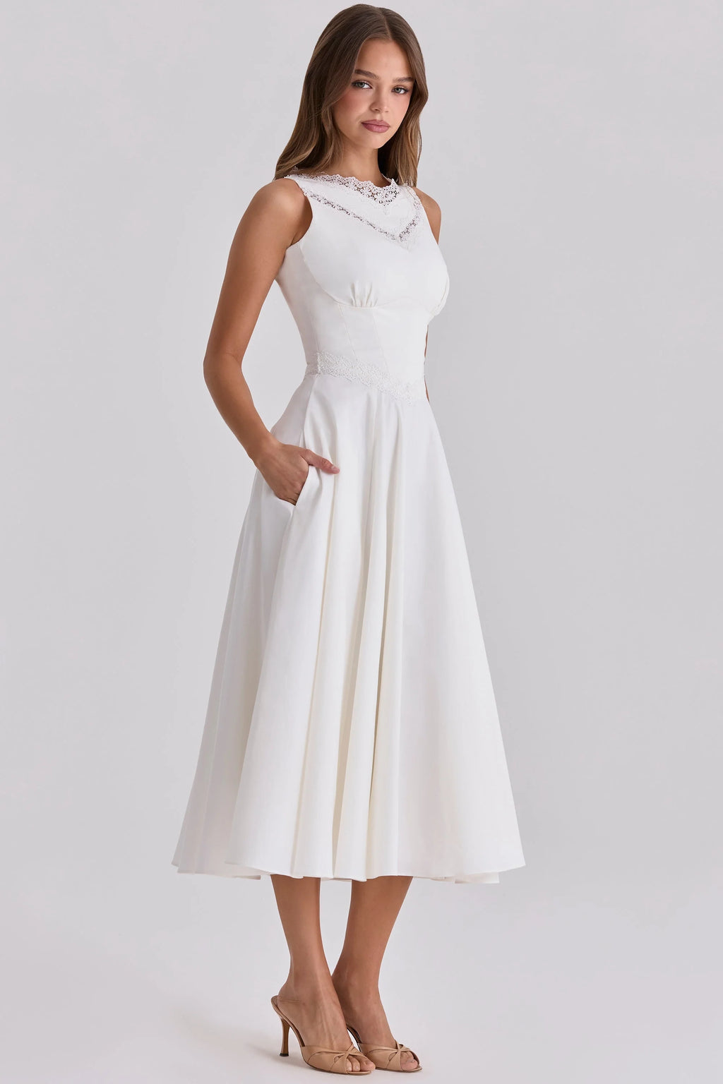 white cotton lace trim waist cinch midi dress