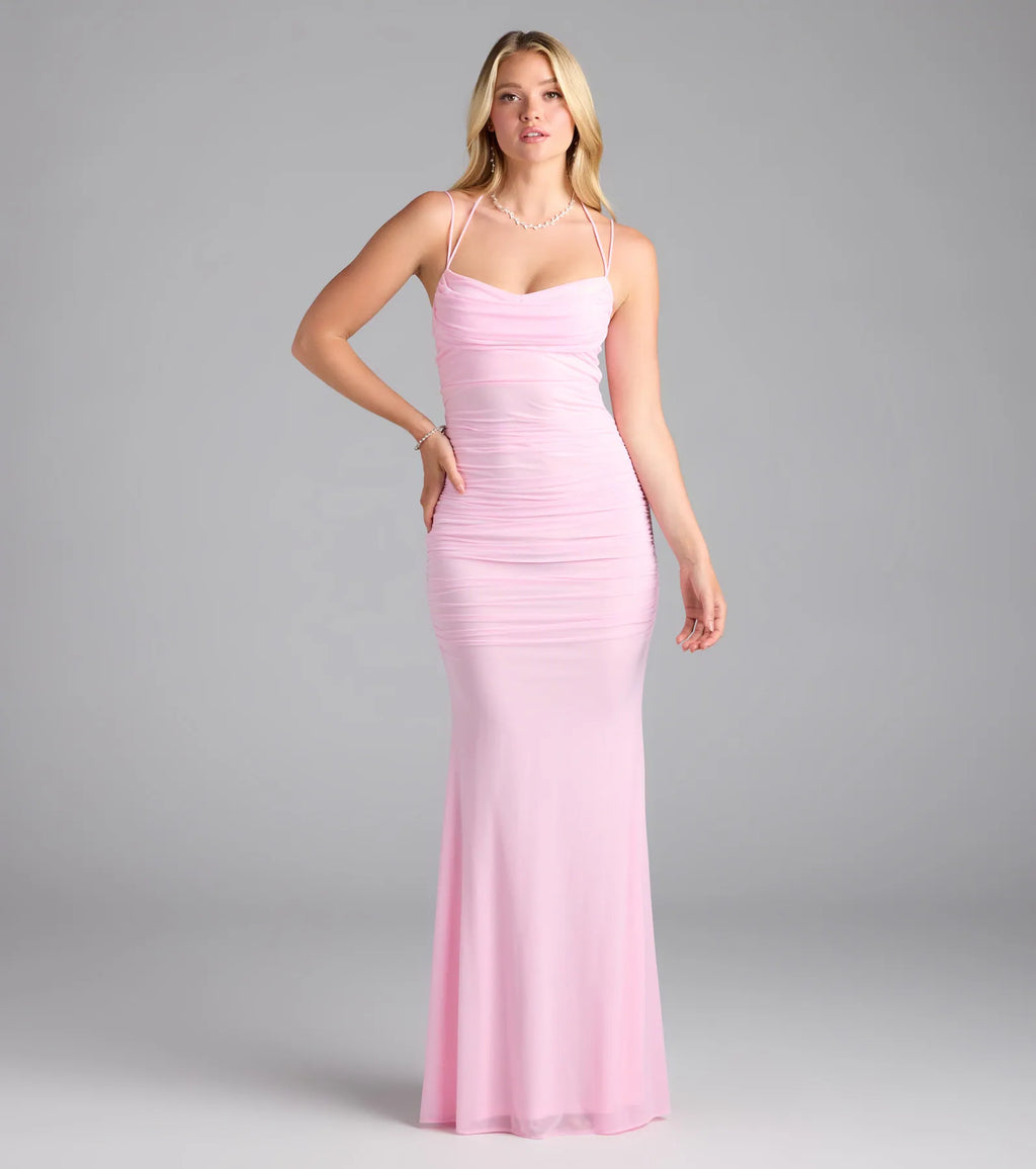 Jae Formal Mesh Ruched Mermaid Long Dress