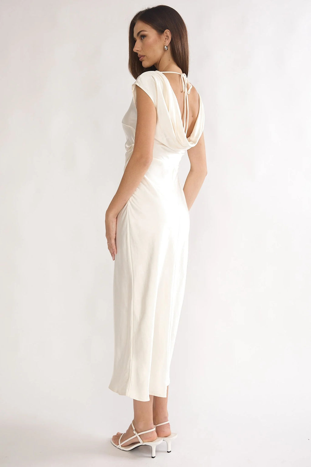 Loveland Pleat Cowl Back Midi Dress Oyster