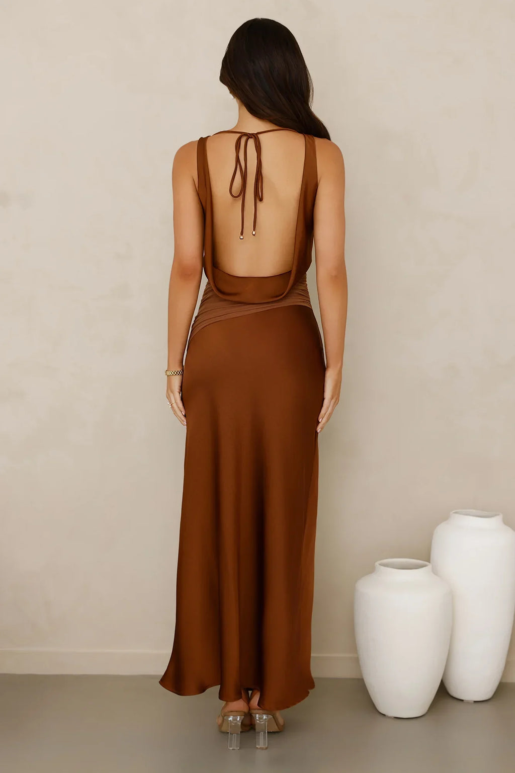 Celestial Spark Satin Maxi Dress Brown